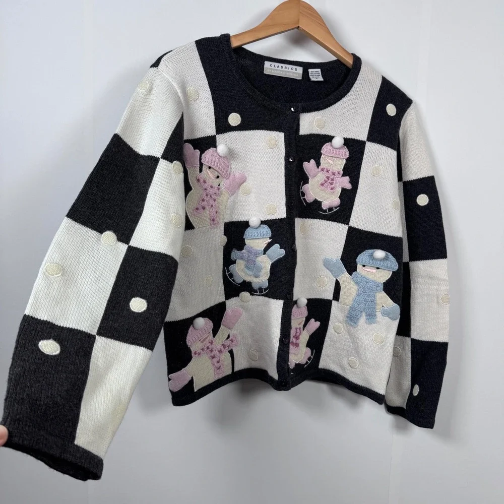 VTG Marisa Christina Cardigan M Patch Snowman Winter Holiday Ugly Sweater Retro